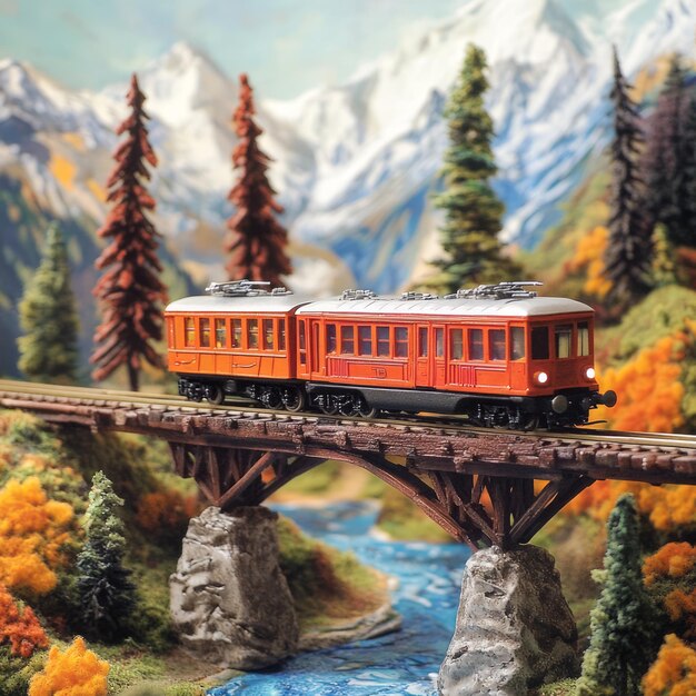 Photo a miniature train travels over a bridge in a mountainous landscape