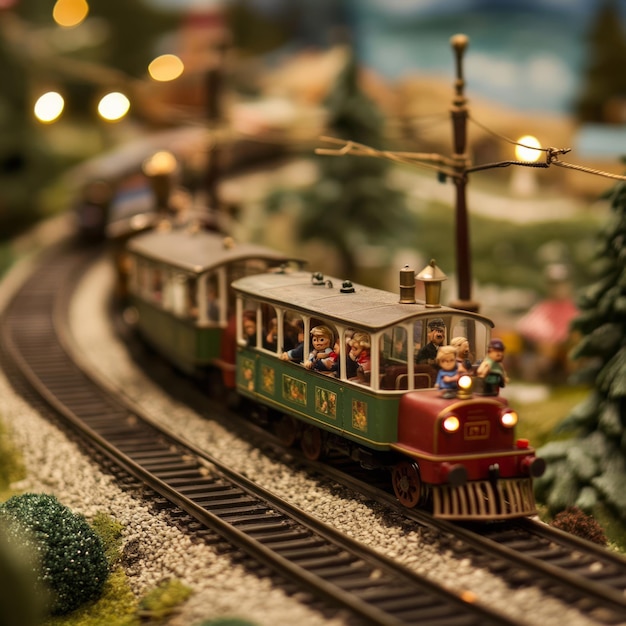 A miniature train with passengers travels on a model railway track