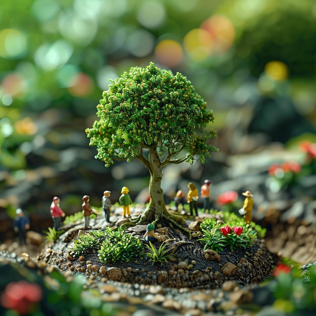 Photo a miniature tree with people standing around it