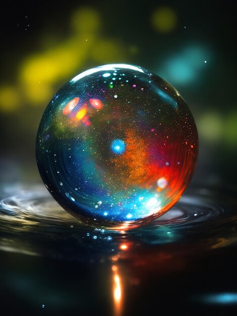 A miniature universe of color and light contained within a single water droplet