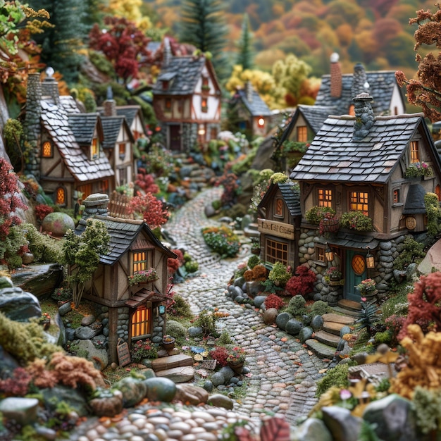 Photo miniature village with cobblestone pathway quaint houses and lush greenery