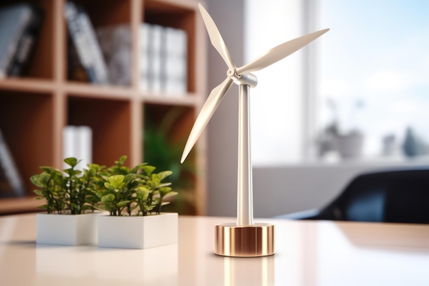 Miniature wind turbine model on office table in a brightly lit office room eco electricity concept alternative energy sources