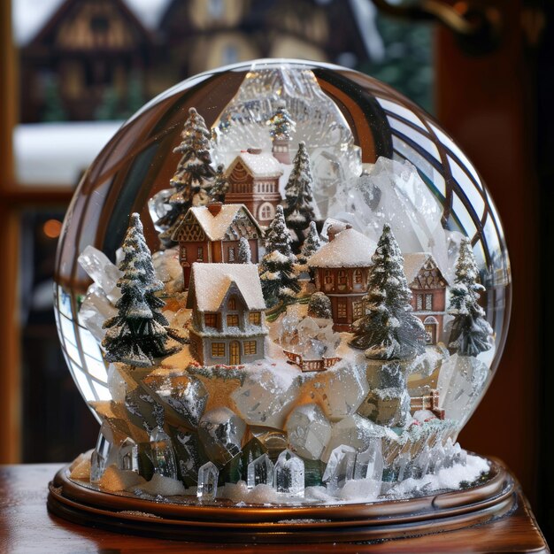 Photo miniature winter village scene inside a glass snow globe with crystal accents