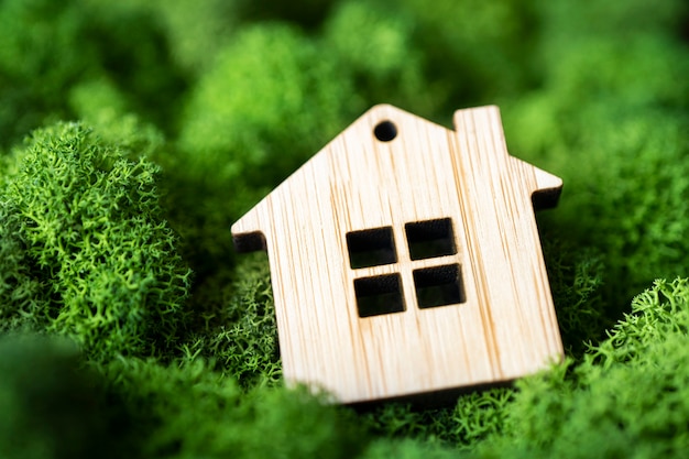 Miniature wooden house on green moss. The concept of selling, insuring or renting real estate. small hut on a green background of natural moss. Living in an eco-friendly place.