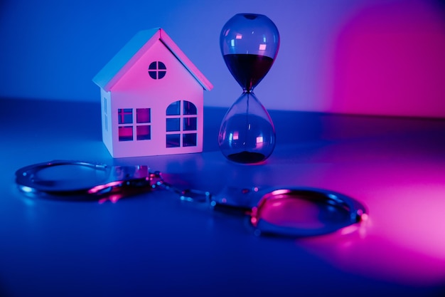 Miniature wooden house handcuffs and hourglass concept fraud with real estate