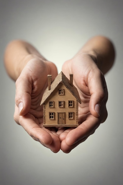 A miniature wooden house held gently in open palms