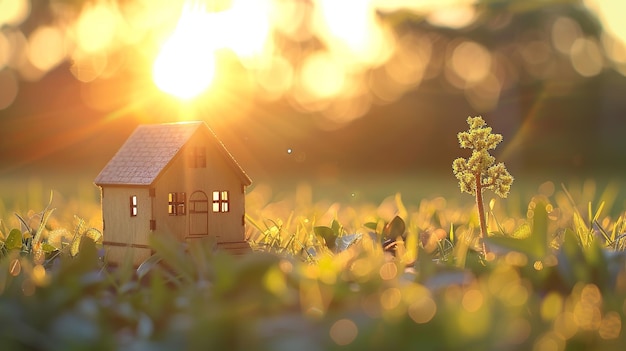 A miniature wooden house stands in a grassy field ideal for construction and real estate Copy space