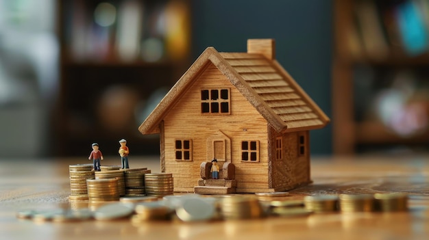 Miniature Wooden House with Figures and Stacks of Coins Representing Real Estate Investment and Financial Growth