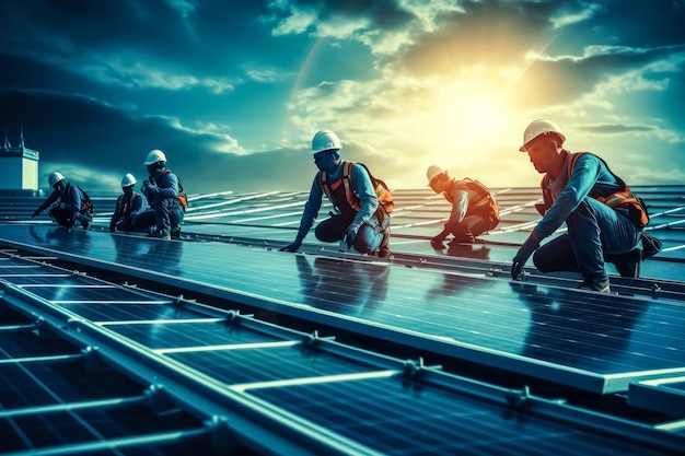 Miniature workers near solar panels