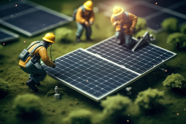 Miniature workers near solar panels