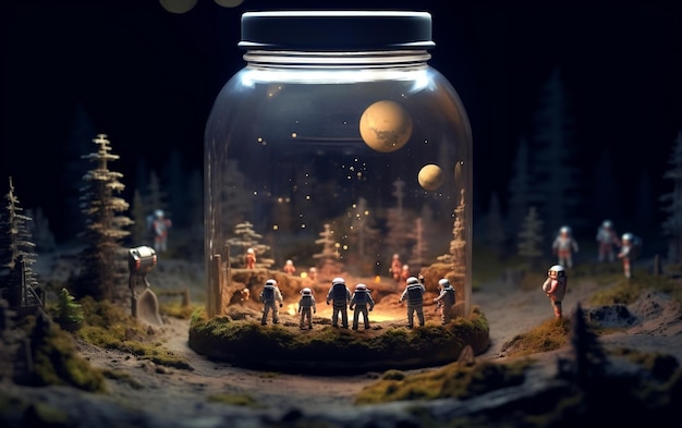 Miniature World Astronauts Adventure in a Glass Bottle Generative AI