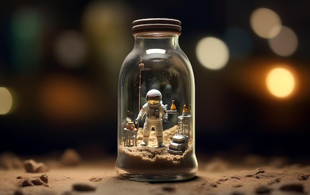 Miniature World Astronauts Adventure in a Glass Bottle Generative AI