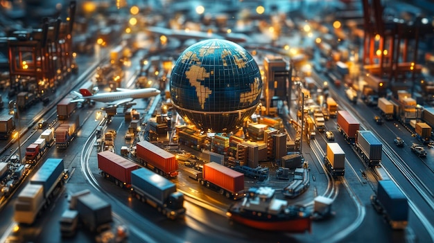 Photo miniature world logistics hub connecting global trade routes with trucks and cargo ships