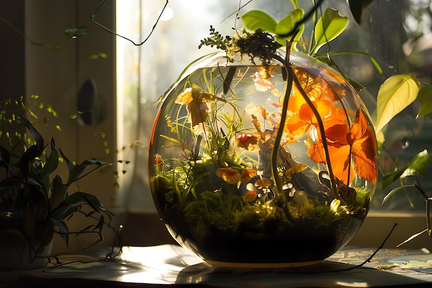 Photo a miniature world plants and fish thrive in a glass globe