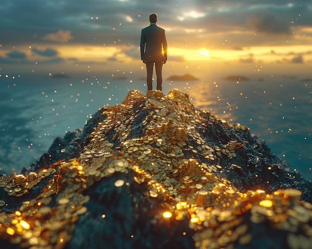 Minimal 3D Businessperson Stands on Surreal Wealth Mountain