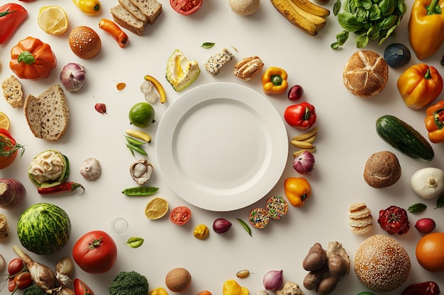 Minimal 3D global food items surrounding a plate for Food Day designs