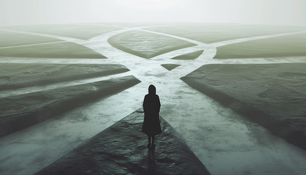 Minimal 3D image of a woman standing at a crossroads