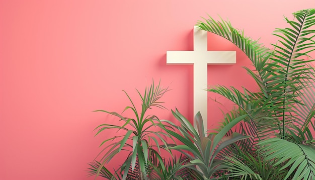 Photo minimal 3d palm sunday with christian cross poster design