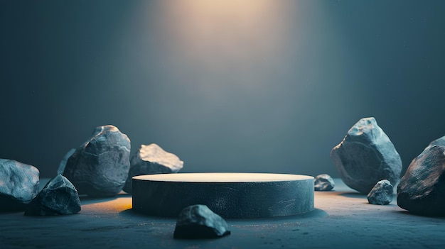 Minimal 3D Rendered Stone Podium for Product Presentation in Dark Moody Tone