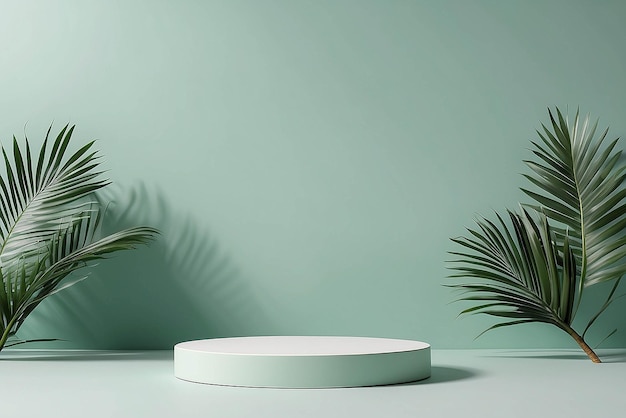 Minimal abstract background for the presentation of a cosmetic product Premium podium with a shadow of tropical palm leaves on a pastel green wall and gray table Showcase display case