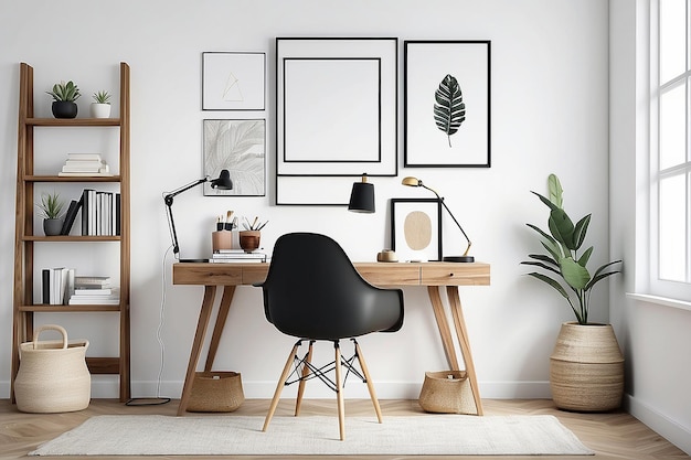 Photo minimal aesthetic home office interior design with accessories on a wooden desk against a white wall with a mockup of poster or picture frames upholstered chair