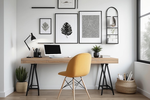 Photo minimal aesthetic home office interior design with accessories on a wooden desk against a white wall with a mockup of poster or picture frames upholstered chair