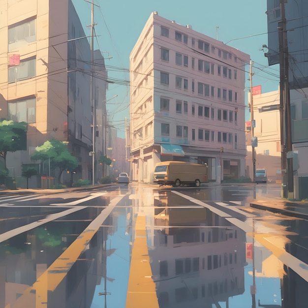 Minimal art with soft colors about rainy In the middle of the road there is a high building on the s