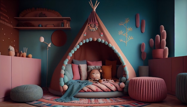 Minimal background image of cute kids room interior with play tent and decor in pastel colors copy space