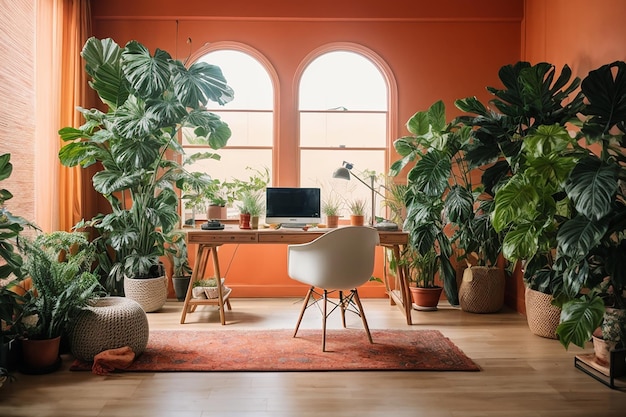 Minimal background image of home office workplace with laptop in white airy interior