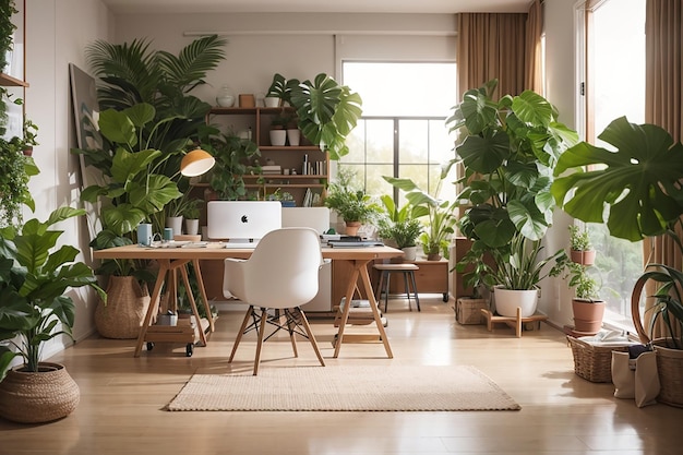 Minimal background image of home office workplace with laptop in white airy interior