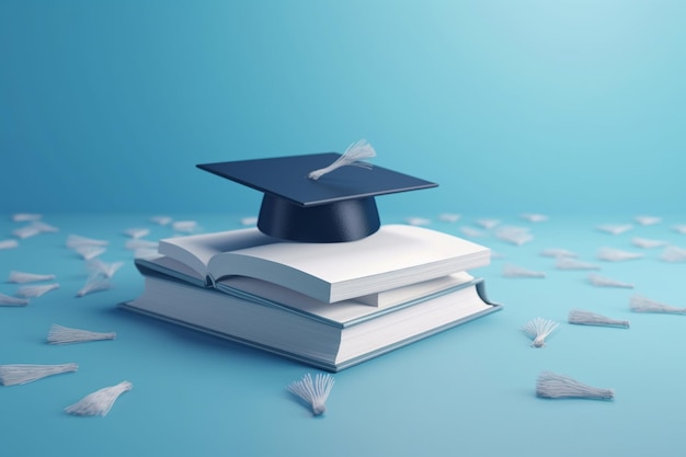 Minimal background for online education concept Book with graduation hat on blue background 3d ren