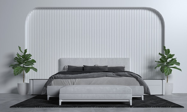 Minimal bedroom interior mock up, grey bed on empty white pattern wall background, Scandinavian style, 3d render