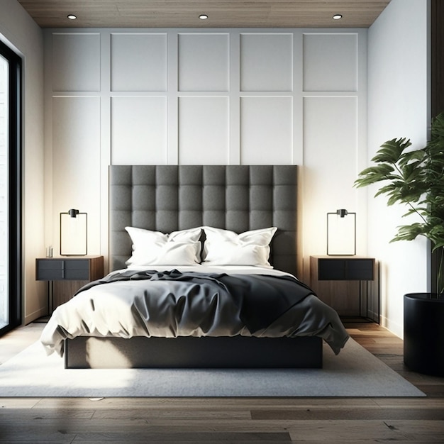 Minimal bedroom with table and lamp