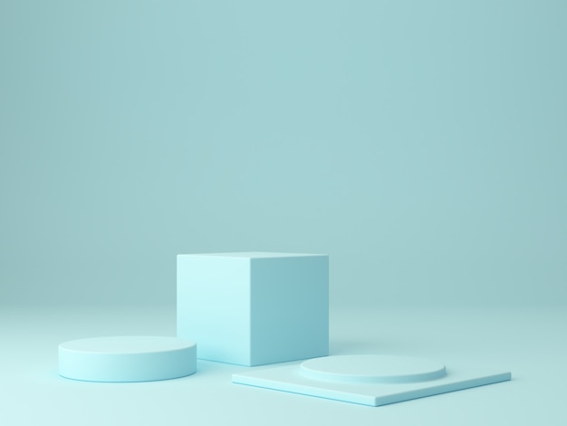 Minimal blue pastel colors scene with tree podiums in abstract background to show a product