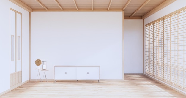 Minimal cabinet on zen room interior wall mockup3d rendering