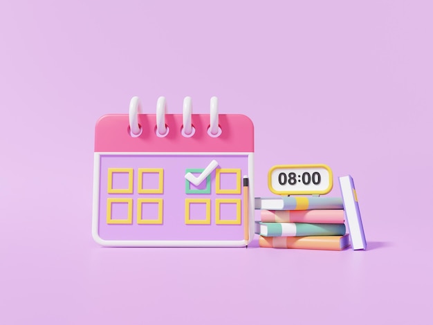 Minimal cartoon cute smooth Calendar marked approved alarm clock on book Day month year education learning concept on purple background schedule 3d render illustration