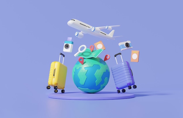 Minimal cartoon flight airplane travel tourism plane trip planning world tour luggage with pin location suitcase and map leisure touring holiday summer concept banner 3d render illustration