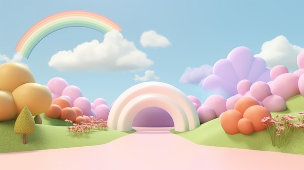 Minimal Cartoon Landscape with Rainbow Background