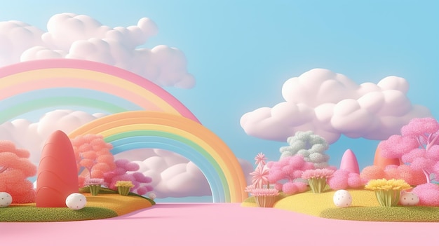 Minimal Cartoon Landscape with Rainbow Background