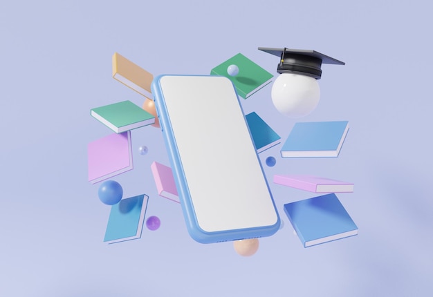 Minimal cartoon smartphone blank white screen graduation cap and book learning online Education concept pastel background banner website application template page 3d render