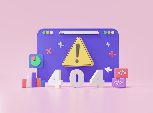 Photo minimal cartoon web browser 404 error page not found system maintenance updates concept yellow triangle warning alert coding program software development banner website 3d render illustration