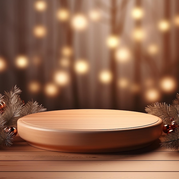 Minimal Christmas background with a podium for presentation of the product Natural wooden