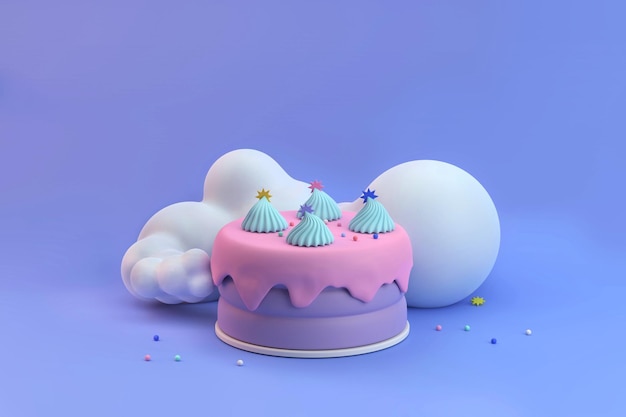 Minimal Christmas and birthday cake with white cloud fluffy and sprinkles gift card 3d illustration