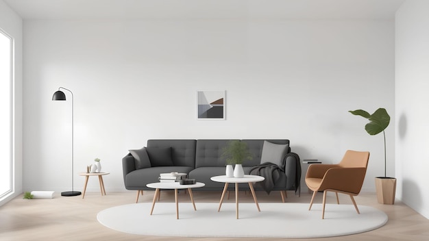 Minimal clean interior design of living room with sofa generative art by AI