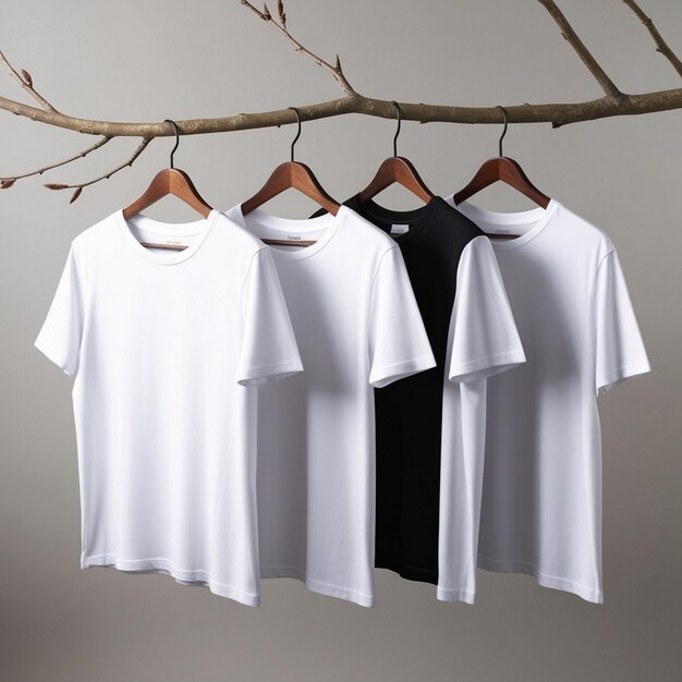 Photo minimal clothing three shirts and a tshirt hanging on a branch high quality