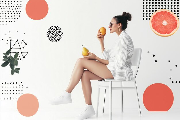 Photo minimal collage art of a woman sitting on a chair with healthy fruit