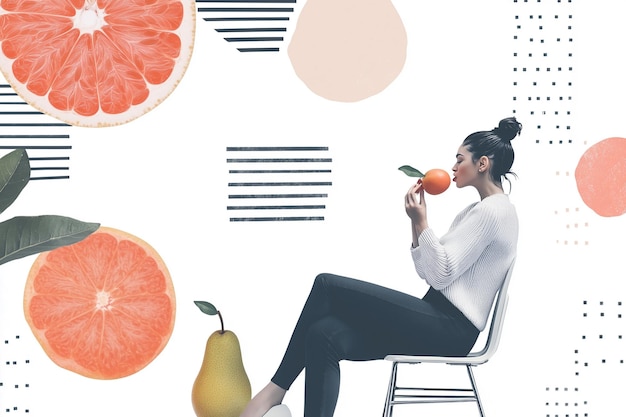 Photo minimal collage art of a woman sitting on a chair with healthy fruit