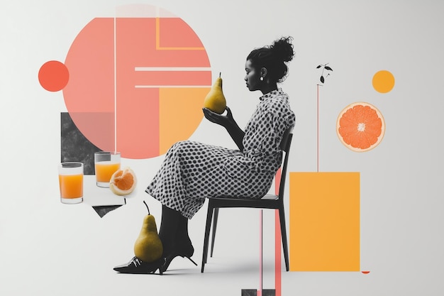 Minimal Collage Art of a Woman Sitting on a Chair with Healthy Fruit