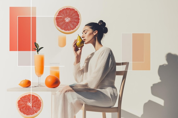 Photo minimal collage art of a woman sitting on a chair with healthy fruit