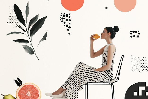 Photo minimal collage art of a woman sitting on a chair with healthy fruit